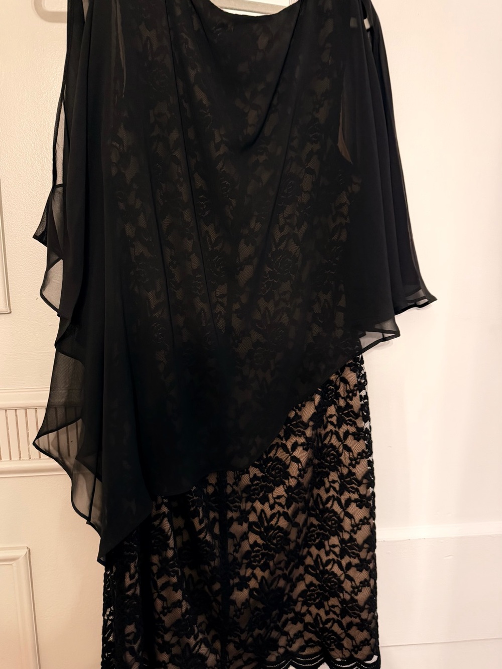 Black Asymmetrical Lace Overlay Dress with Sheer Chiffon Cape